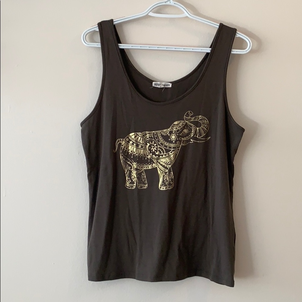 Dark olive green Tank with gold elephant